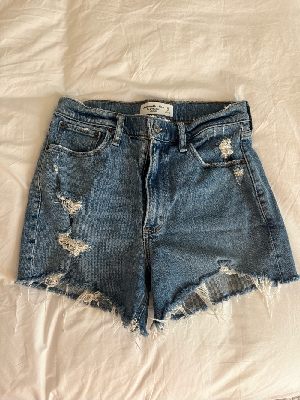Abercrombie & Fitch Distressed Light Blue Denim High-Rise Shorts